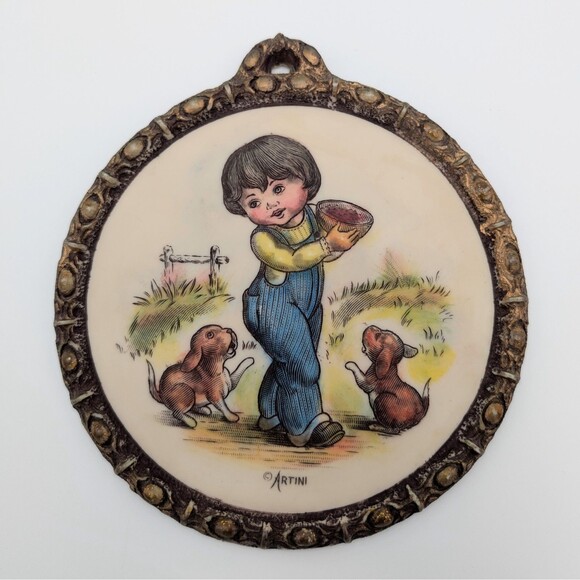 Vintage Artini Arts Twin Etched Hand Painted 4D Boy Girl Wall Hanging Decor Set - Picture 2 of 9